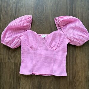 ASTR THE LABEL Blouse Top Bubble Puff Sleeve Pink Smocked Cropped Size Medium